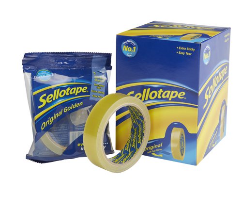 38273HK | Sticking it all together since 1937, Sellotape Original Golden Sticky Tape is the sticky tape market leader with quality you can trust. 24mm x 50m. Sellotape Original Golden Sticky Tape is the workplace essential for excellence. It provides a strong and long-lasting adhesion and offers an outstanding performance for your everyday taping tasks. Easy to unwind and tear, it ensures a comfortable and seamless application, and its anti-tangle design makes it convenient and very easy to use. The thin and golden tape is clear on application and makes it ideal for sticking all sorts of papers and documents, as well as sealing envelopes in the workplace. Sellotape Original Golden Sticky Tape has a width of 24mm and a length of 50m.