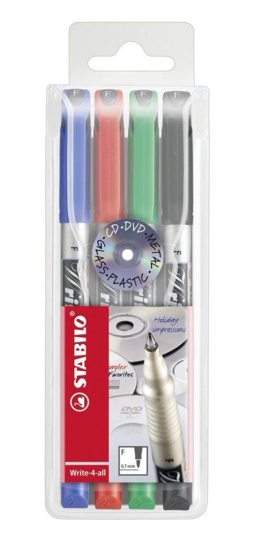 STABILO Write-4-All Fine Permanent Marker 0.7mm Line Assorted Colours (Wallet 4) - 156/4