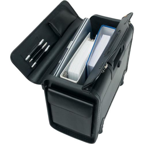 79955LM | Functional pilot case with lockable trolley and two silver combination locks. Made of imitation leather. Large lockable front compartment and one hook and loop compartment on the side. Padded laptop compartment and one A4 pocket in main compartment. Practical organiser within lid contains three pen loops, one business card holder and one zip compartment. External Size: 485x230x370mm. Internal Size: 440x220x340mm. Laptop Compartment Size: 420xx50x270mm. Trolley Height (approx): 1030mm.
