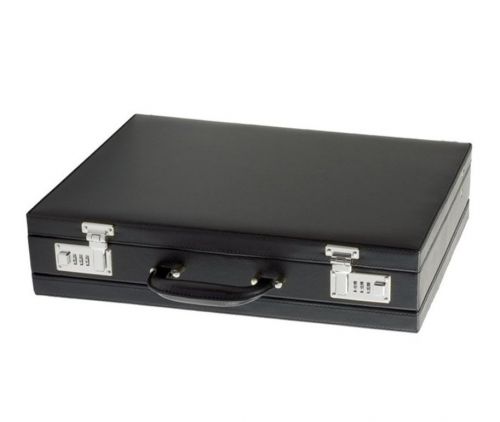 53607LM | Premium attache case in black imitation leather with two silver combination locks. Organiser compartment within lid contains two A4 compartments, one zip compartments, two business card holders, three pen loops and one multipurpose compartment. Expandable fold in the bottom of the case which can be opened via four push buttons to get 20mm more space. External  445x105x320mm. Internal  420x90x290mm.