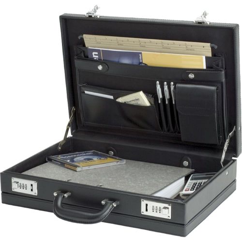 53607LM | Premium attache case in black imitation leather with two silver combination locks. Organiser compartment within lid contains two A4 compartments, one zip compartments, two business card holders, three pen loops and one multipurpose compartment. Expandable fold in the bottom of the case which can be opened via four push buttons to get 20mm more space. External  445x105x320mm. Internal  420x90x290mm.