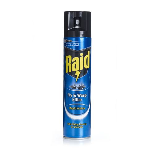 52893CP | Raid Fly and Wasp Killer. Specially formulated for the control of flying insects including flies, mosquitoes and wasps. Suitable for use indoors in kitchens and other rooms in domestic situations.