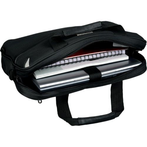 High quality laptop bag with detachable shoulder strap made of black polyester. The interior part comes with a padded laptop compartment and two smaller compartments. Zipper compartment on the front for smaller belongings. Trolley fastener at the back.  400x100x300mm.