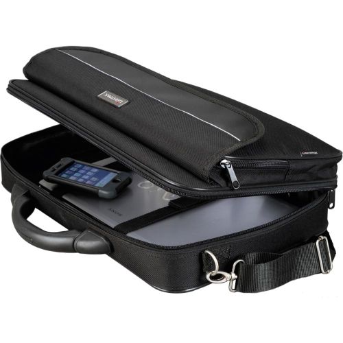 Functional laptop bag with detachable shoulder strap and plastic handle made of black polyester. Main compartment to store your laptop, which can be held in securely by two hook and loop straps. Main compartment also contains an A4 document compartment and another padded smaller compartment. The front compartment can be opened by two sideway fixed zippers and a hook and loop strap. Inside there are four pen loops and one multifunctional pocket. At the back of this laptop bag is a trolley fastener so that you have the option to put the bag on a trolley.  375x100x290mm.