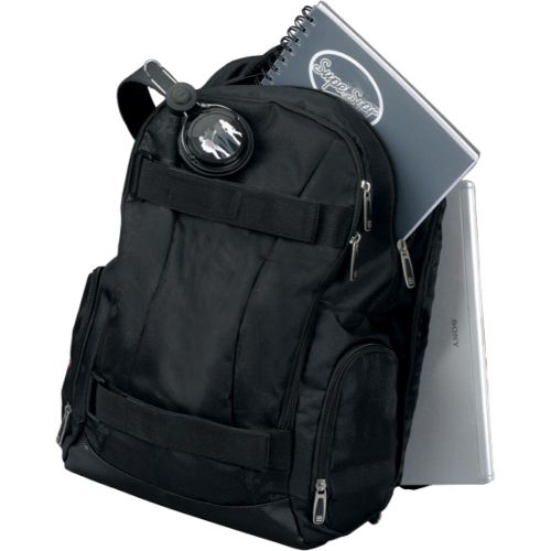 53670LM | The modern unisex backpack is made of black polyester with trendy printing and embroidery. The large main compartment has zipped pockets at both sides and at the front, plus two adjustable straps with hook and loop. The padded laptop compartment at the front is opened by a side zipper and the water resistant bottom makes this backpack multifunctional and individual. The padded adjustable shoulder straps as well as a padded back and handle make for comfortable carrying. Black.  330x180x450mm.