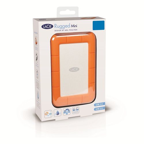8LAC301558 | The LaCie Rugged Mini drive shares features with our popular Rugged mobile hard drive, like shock resistance, drop resistance, and a rubber sleeve for added protection. But the Rugged Mini is also rain and pressure resistant, meaning you can drive over it with a 1-ton car, and it still works. With the Rugged Mini, LaCie has reduced the size and added tons of new features, making it perfect for on-the-go data transport.