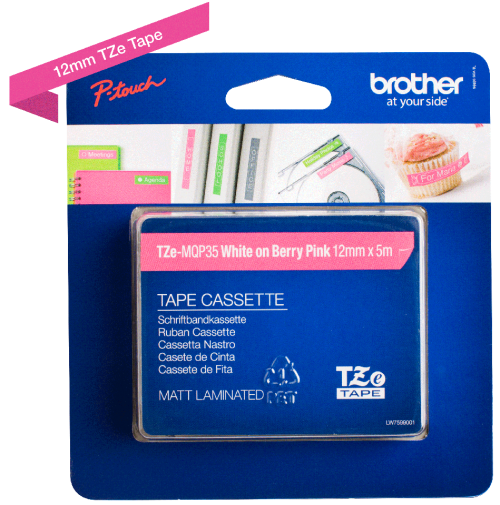 Brother White On Berry Pink Label Tape 12mm x 5m - TZEMQP35