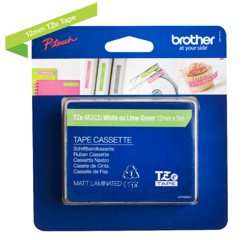 Brother White On Lime Green Label Tape 12mm x 5m - TZEMQG35