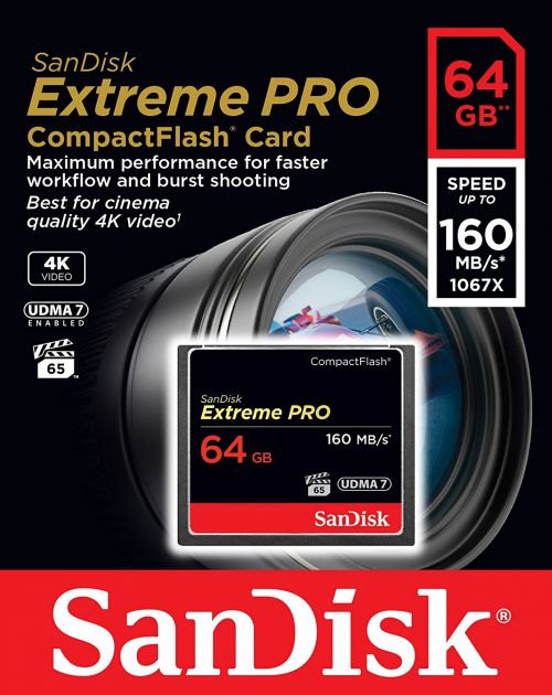INDUSTRY-LEADING COMBINATION OF STORAGE CAPACITY AND PROFESSIONAL-GRADE PERFORMANCEGet high-capacity storage, faster shot-to-shot performance, and cinema-quality video with the SanDisk Extreme PRO CompactFlash Memory Card. With transfer speeds of up to 160MB/s, this card offers the fast, efficient performance you expect from the global leader in flash memory cards2. This industry-leading memory card is optimized for professional-grade video capture, with a minimum sustained write speed of 65MB/s1 for rich 4K and Full HD video. Capacities up to 256GB4 accommodate hours of video and thousands of high-resolution images. So you never miss a scene or shot, this memory card resists extreme temperatures, shock, and other conditions.