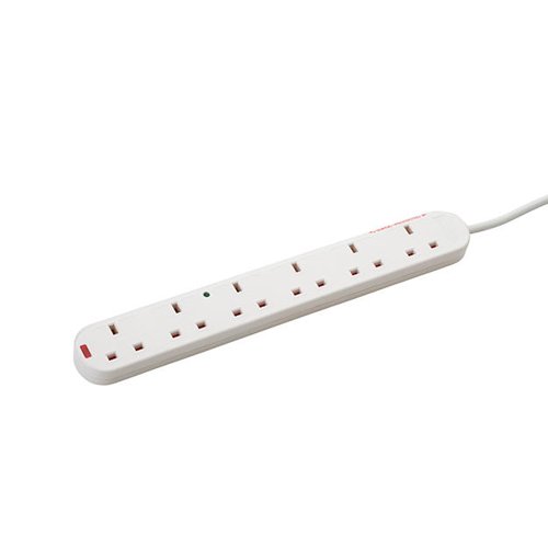 2m 6 Way Surge Protected Extension Block - UK Plug to 6 x UK Sockets - White 27-6020S