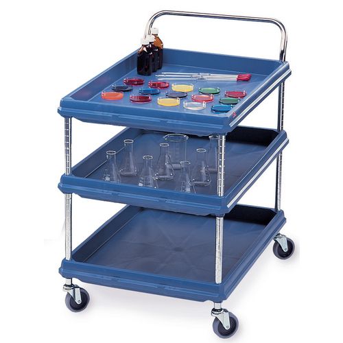 Deep ledge plastic shelf trolleys with 3 blue shelves 832 x 546mm