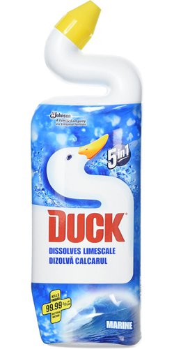 41584CP | Duck 5 in 1 kills 99.99% of germs and helps to remove limescale from above and below the waterline. It keeps your toilet clean, fresh and limescale free. It is manufactured using renewable energy. With Duck’s trademark bottleneck design it can easily reach right under the rim, giving your toilet a thorough hygienic clean with minimum effort. It has a marine fragrance which gives your bathroom a long lasting fresh scent.