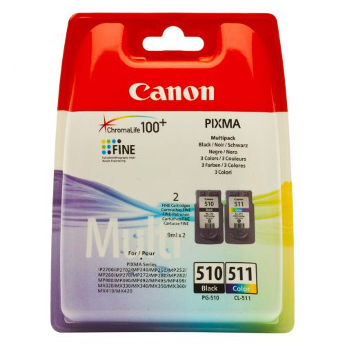 Canon PG510 CL511 Black Tri-Colour Standard Capacity Ink Cartridge Multipack 2 x 9ml (Pack 2) - 2970B010