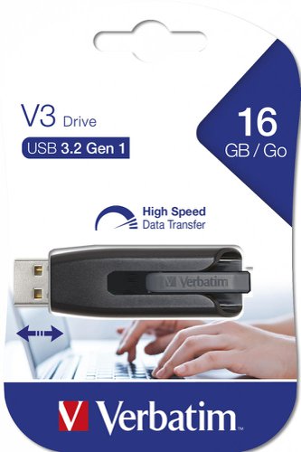 Verbatim V3 - USB 3.0 Drive 16 GB - Black, 16 GB, USB Type-A, 3.2 Gen 1 (3.1 Gen 1), 60 Mb/S, Slide, Black, Grey 49172