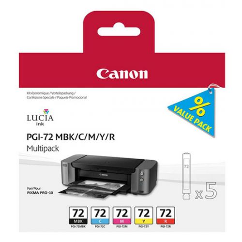 Canon PGI72 Matte Black Cyan Magenta Yellow Red Standard Capacity Ink Cartridge Multipack 5 x 14ml (Pack 5) - 6402B009