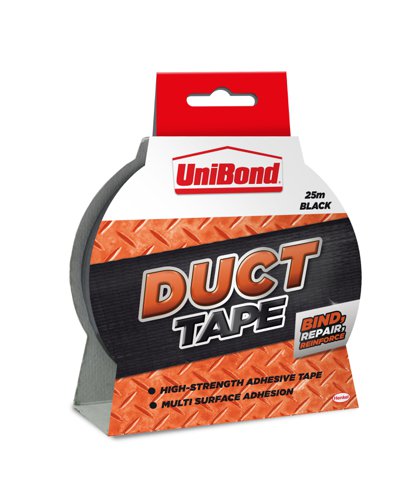 22546HK | UniBond Black Duct Tape. High strength adhesive for a secure long-lasting hold. Water resistant heavy duty tough and strong. Adheres to multi-surfaces and can be applied around uneven surfaces. No need for scissors. Size: 50mm x 25m.This quality UniBond Black Duct Tape contains a high strength adhesive for effective adhesion to multiple surfaces. Use for binding, repairing, and reinforcing and more. The heavy-duty tape is water resistant, making it ideal for outdoor use. This tough and strong tape is ideal for industrial applications, as well as general tasks around the workplace or home. 