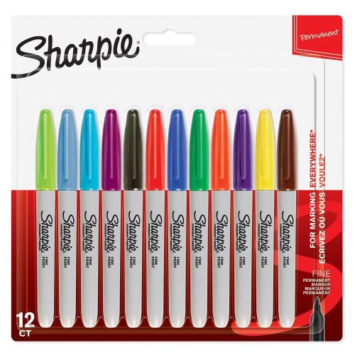 Sharpie Permanent Marker Fine Tip 0.9mm Line Assorted Colours (Pack 12)
