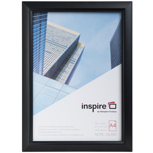 62546PA | Deluxe 2.3cm extruded black coated aluminium moulding with inner highlight. Spring loaded four side opening for quick insertion of display material form the front. Non-glass front. Wall or door hanging only. Screw fixings supplied. Double-sided sticky pad also supplied as an alternative to drilling. Individually boxed.