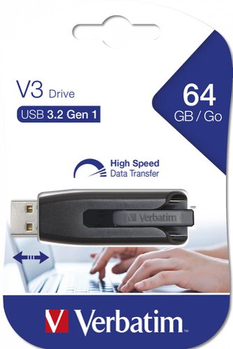 Verbatim V3 - USB 3.0 Drive 64 GB - Black, 64 GB, USB Type-A, 3.2 Gen 1 (3.1 Gen 1), Capless, Black, Grey 49174