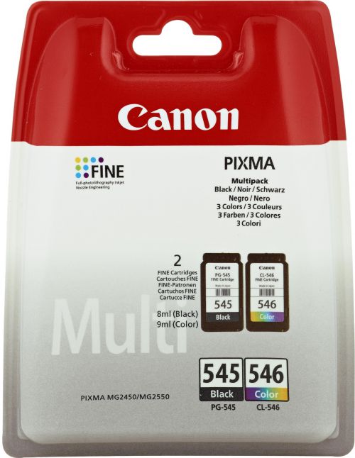 Canon 8287B005 PG545 CL546 Black Cyan Magenta Yellow Standard Capacity Ink Cartridge 2 x 8ml Multipack