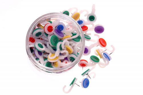 Tub of Hook Push Pins. Ideal for fastening notices and posters to notice boards.