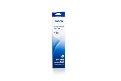 EPST015613 | Users can save money and time with the genuine black Epson S015613 ribbon cartridge twin pack. There are two genuine Epson S015613 ribbon cartridges in this single package. The genuine Epson C13S015613 black multipack ribbons are easy to install into dot-matrix printers without staining the hands, clothes or the machine. The genuine Epson S015613 black ribbons are securely enclosed within a sturdy cartridge that ensures seamless production of text on plain paper. The genuine Epson C13S015613 ribbon cartridges produces sharp and legible documents over a long life of approximately 4 million characters.