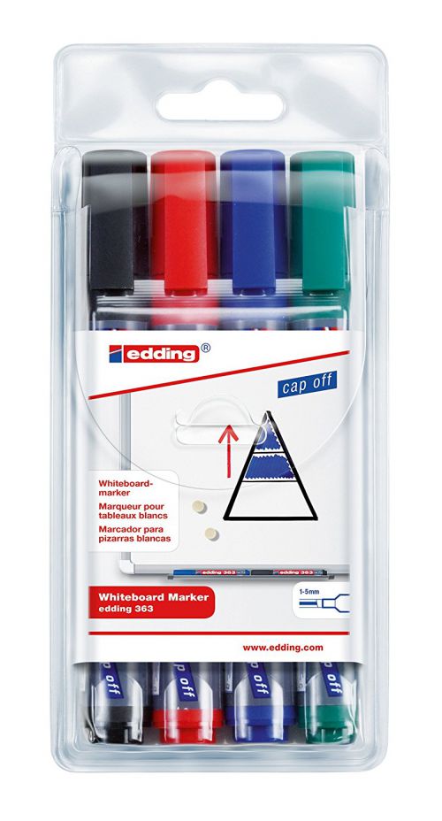 edding 363 Whiteboard Marker Chisel Tip 1-5mm Line Assorted Colours (Pack 4) - 4-363-4
