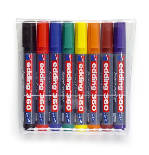 40769ED | Assorted Pack 8 Board markers with 1.5-3mm bullet tip, low-odour pigment ink for writing and marking on whiteboards. Dry-wipe able from virtually all non-porous surfaces such as enamel, glass and melamine. 'Cap off' ink allows the cap to be left off temporarily without the marker drying out.Lighfast, quick drying ink. Refillable Packed: 1 Wallet of 8 Assorted Colours: Black, Red, Blue, Green, Orange, Yellow, Brown, Violet
