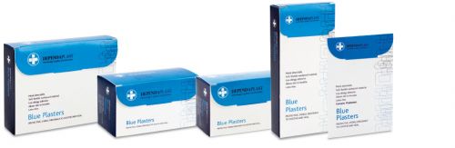 HS88546 | These Reliance Medical Dependaplast Blue Plasters are washproof with a moisture/vapour permeable membrane, which allows the skin to breathe and helps keep small wounds protected from water, bacteria and fungi. Specially designed for use in catering and food environments, the blue plasters are highly visible and contain an aluminium strip that will be detected by metal detectors. The latex-free plasters are made from a flexible PU plastic film with an acrylic adhesive for a secure hold. This pack contains 100 plasters in assorted sizes.