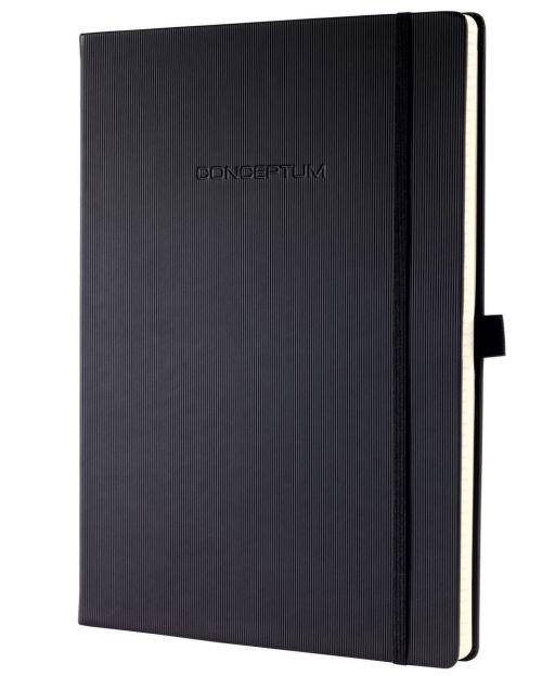 Conceptum Notebook A4+ 22.50x31.50x2cm lined black hardcover 194 p. 80 gsm PEFC-certified elastic fastener pen loop Ribbon markers: 2 PU ECF paper woo