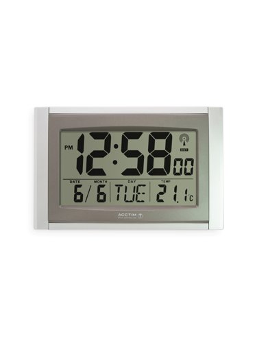 At home on the table or wall, this radio controlled LED clock features automatic set-up, calendar, alarm and indoor temperature.