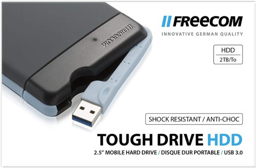 FRC56331 | Provide your data from threats both physical and electronic with the robust Freecom Tough Drive. This external hard drive features an anti-shock mechanism that helps protect your files from bumps and drops, as well as a rubber case that's dustproof and waterproof. On the inside, 256-bit hardware encryption keeps your confidential files locked securely behind a password. The USB cable provides a fast USB 3.0 interface and can be tucked into the casing for storage.