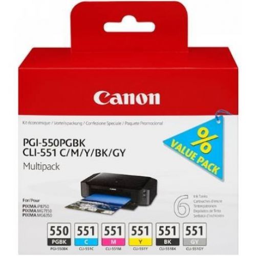 Canon PGI550 CLI551 Black Photo Black Cyan Grey Magenta Yellow Standard Capacity Ink Cartridge Multipack 6 x 7ml (Pack 6) - 6496B005