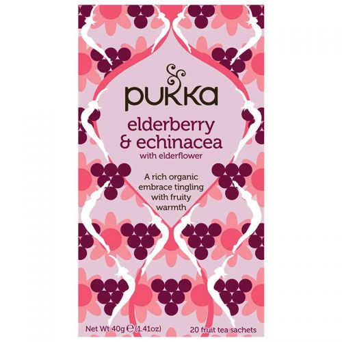 PK01147 | Pukka Elderberry/Echinacea organic tea bags with a rich embrace, tingling with fruity warmth. Certified Fairtrade 'Fair for life' for the people along the whole certified supply chain. The tea bags contain Liquorice root, ginger root, echinacea root and leaf, beetroot, aniseed, rosehip, elderflower, peppermint leaf, orange essential oil flavour and natural blackcurrant. Created to help you stay warm and well, these enveloped tea bags are supplied in a pack of 20.