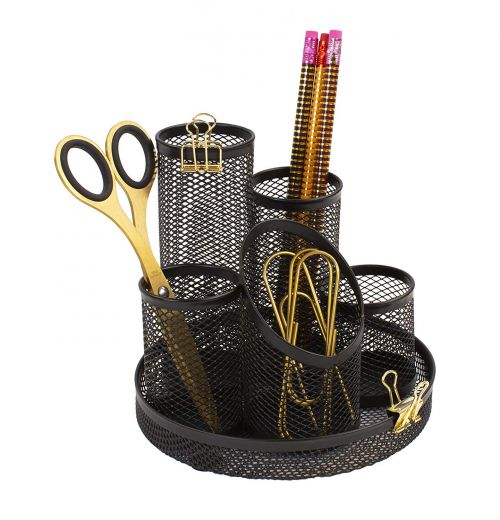 5 Star Office Desk Tidy Wire Mesh Scratch Resistant Non-Marking Base 5 Compartment DiaxH: 160x140mm Black The OT Group