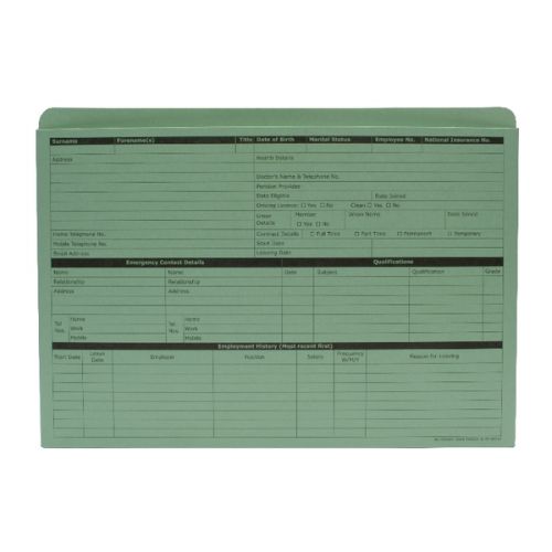 High quality personnel wallets perfect for creating detailed files on all of your employees, streamlining your HR division for added efficiency. Each wallet is pre-printed on both sides with employee name, address, salary record and more, for creating an organised and practical filing system. 