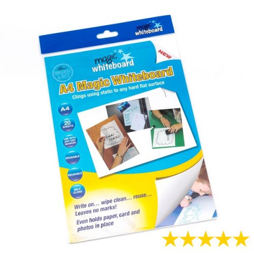 Dragons' Den Winners  - A4 Magic Whiteboard allows you to create a whiteboard from a roll, anywhere in seconds. Clings using static to any flat surface including painted walls, windows and doors. Leaves no marks (no adhesive). Write on with any whiteboard markers, wipe clean and reuse. Perfect for reminders, leaving messages, to do lists, revision and labelling.