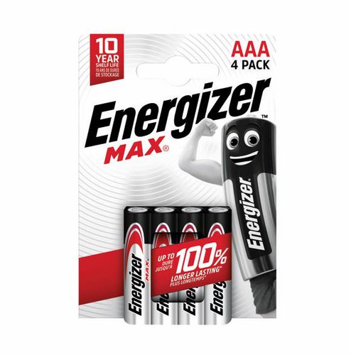 Energizer Max Alkaline Battery MN2400 1.5V AAA E300124200 [Pack 4]