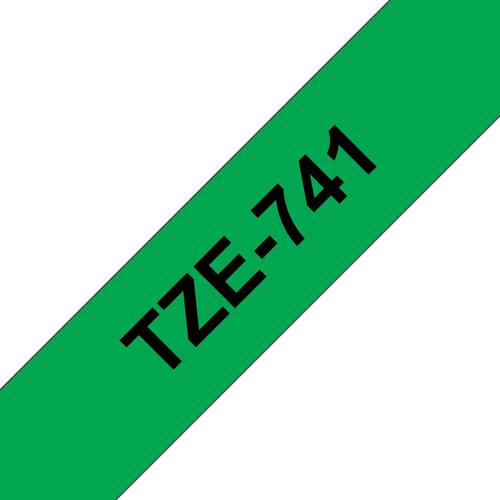 Brother TZE741 Black on Green 8M x 18mm Gloss Tape 14112J