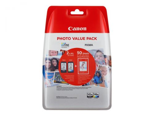Canon PG545XL CL546XL High Yield Black 15ml + Tri- Colour Ink Cartridge 13ml + 50 Sheets 10 x 15cm Glossy Photo Paper Value Pack - 8286B006