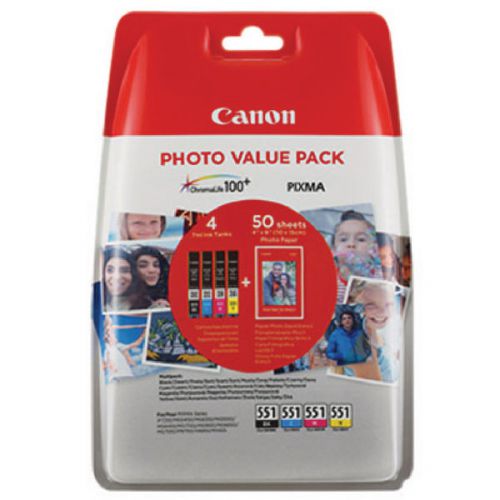 Canon CLI551 Black Cyan Magenta Yellow Standard Capacity Ink Multipack 4 x 7ml (Pack 4) + 50 Sheets 10 x 15cm Photo Paper Value Pack - 6508B005