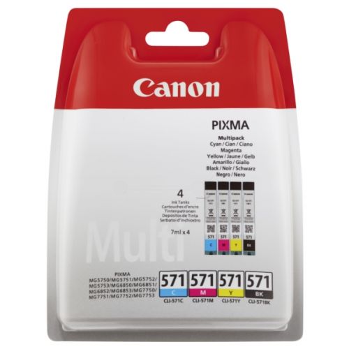 Canon CLI571 Black Cyan Magenta Yellow Standard Capacity Ink Cartridge Multipack 4 x 7ml (Pack 4) - 0386C005 CACLI571MULTI