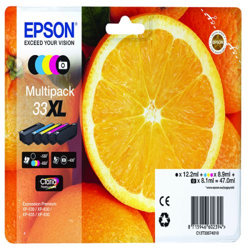 Epson 33XL Oranges Black Photo Black Cyan Magenta Yellow High Yield Ink Cartridge Multipack 2 x 12.2ml + 8.1ml + 2 x 8.9ml (Pack 5) - C13T33574011