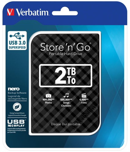 Verbatim Portable Hard Drive 2TB USB 3.0 Black 53195