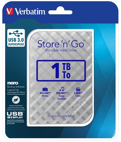 Verbatim Store n Go Gen 2 Portable HDD 1TB Silver 53197