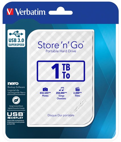 Verbatim Store 'N' Go Gen 2 USB 3.0 2.5” 1TB White 53206