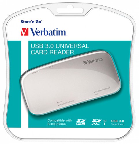 VER97706 | Verbatim’s USB 3.0 Universal Card Reader makes transferring your digital photos faster and easier than ever. Allowing for transfer speeds up to 10 times faster than USB 2.0 readers, and a sleek, modern design with silver finish, the Universal Card Reader supports a wide variety of memory card formats. Offering plug-and-play functionality with both Windows and Mac operating systems, once connected, you can instantly begin transferring your photos.