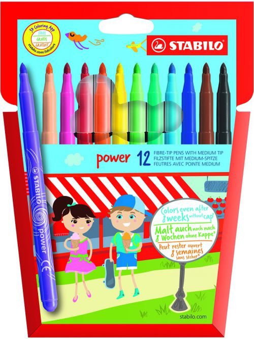 High quality kids felt pen with a medium nib for drawing and colouring. Lovely bright colours and long lasting ink. Up to 8 weeks cap off time without the ink drying out. Super washable ink and a ventilated cap. This pack contains 12 Assorted Colours