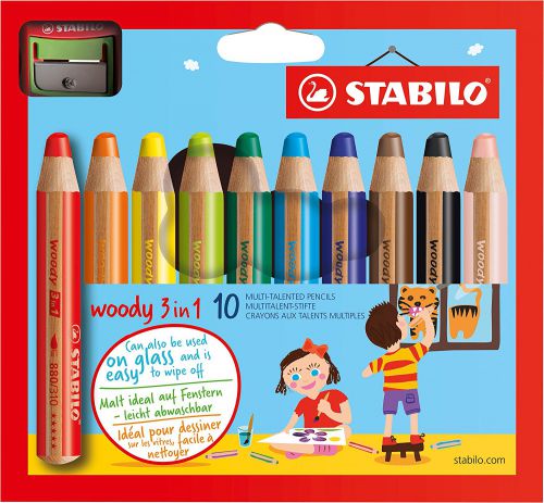 STABILO woody 3 in 1 Colouring Pencil and Sharpener Set Assorted Colours (Pack 10) - 880/10-2