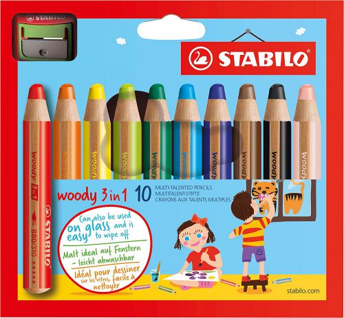 10472ST - STABILO woody 3 in 1 Colouring Pencil and Sharpener Set Assorted Colours (Pack 10) - 880/10-2